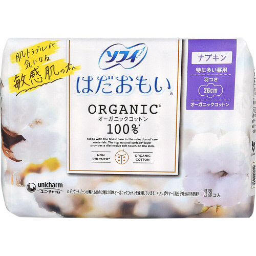 ユニ・チャーム　ソフィ　はだおもい　オーガニックコットン１００％　特に多い昼用　羽つき　２６ｃｍ　１３個入